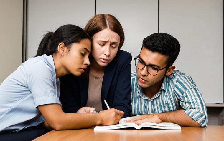 **Prompt:** A diverse group of CFA candidates intensely studying together, late at night in a modern, well-lit study room. Some are pointing at a textbook, others are having a "lightbulb moment" as a concept clicks, while one person offers a reassuring pat on the back to another looking tired. The scene conveys strong camaraderie, shared intellectual struggle, emotional support, and collective resilience against the daunting task. Emphasize focused determination, subtle signs of exhaustion, and the profound bond of "we're in this together."