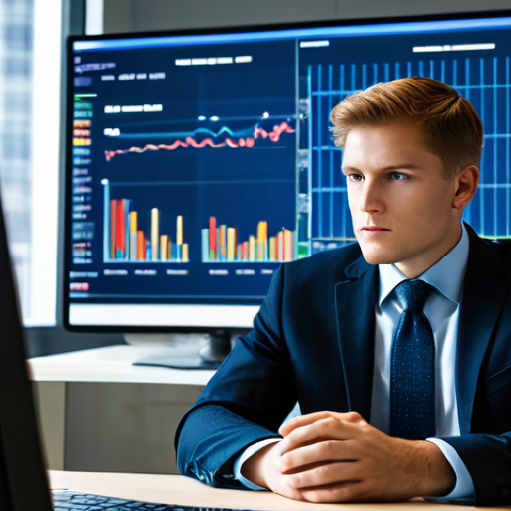 A professional male business analyst, fully clothed in a modest suit and tie, is seated at a large, polished desk in a modern corporate office. He is intently studying a large, glowing digital screen displaying complex economic charts, including GDP growth trends and CPI inflation rates. His correct proportions and natural pose convey deep concentration. The background features a large window with a subtle, blurred cityscape and hints of other professional workstations, all illuminated by ambient office lighting. The atmosphere is calm and focused. Safe for work, appropriate content, perfect anatomy, well-formed hands, natural body proportions, professional photography, high quality, modest clothing.