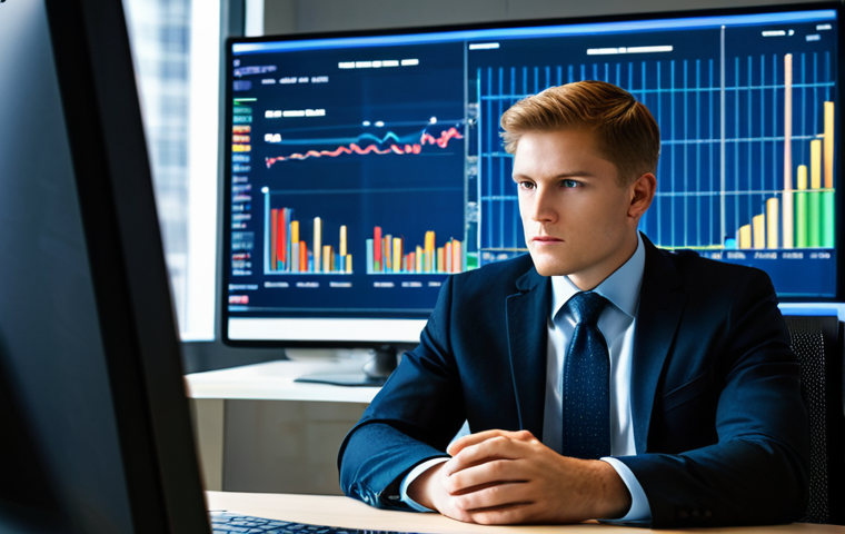 A professional male business analyst, fully clothed in a modest suit and tie, is seated at a large, polished desk in a modern corporate office. He is intently studying a large, glowing digital screen displaying complex economic charts, including GDP growth trends and CPI inflation rates. His correct proportions and natural pose convey deep concentration. The background features a large window with a subtle, blurred cityscape and hints of other professional workstations, all illuminated by ambient office lighting. The atmosphere is calm and focused. Safe for work, appropriate content, perfect anatomy, well-formed hands, natural body proportions, professional photography, high quality, modest clothing.