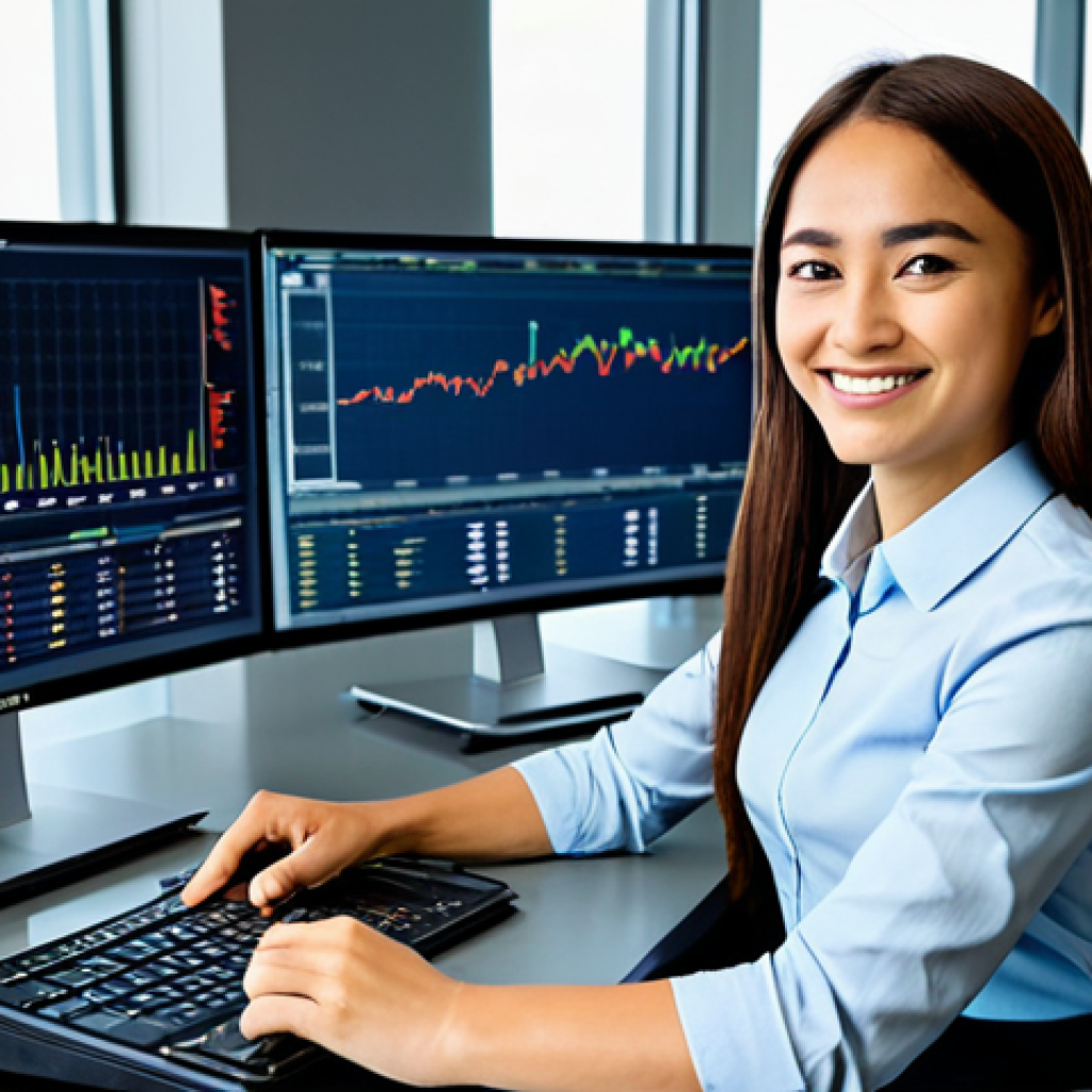 CFA와 금융 리터러시 증진 - **Subject:** A young professional woman, fully clothed in modest business attire, sitting at a desk ...