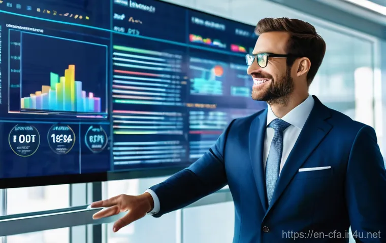 금융투자분석사와 재무 컨설팅 사례 - **Prompt:** A diverse, professional financial advisor, dressed in a sharp business suit, stands conf...