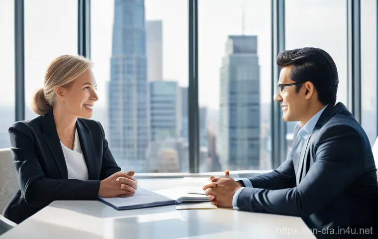 금융투자분석사와 재무 컨설팅 사례 - **Prompt:** A diverse, professional financial advisor, dressed in a sharp business suit, stands conf...