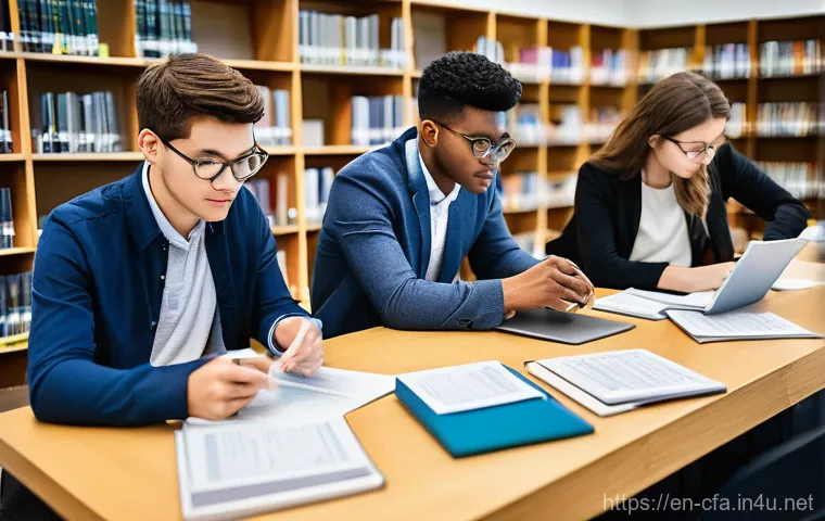 CFA 시험 난이도별 과목 분석 - **Prompt:** A diverse group of young adults, dressed in smart casual attire, intensely studying in a...
