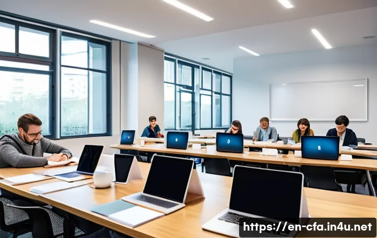 CFA 시험 합격률 분석 - A modern, bright study room with a diverse group of young and middle-aged professionals sitting at d...