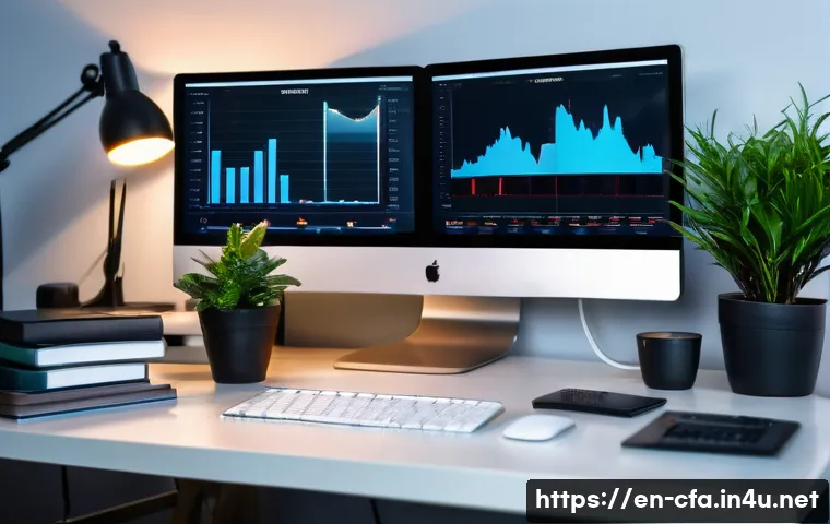 금융투자분석사의 커리어 만족도 - A modern financial analyst&rsquo;s home office scene during late evening, with multiple computer monitors ...