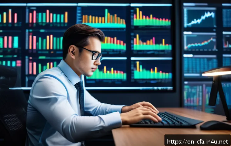 CFA와 인공지능 금융 모델링 - A professional financial analyst in a modern office setting, intently studying multiple large digita...