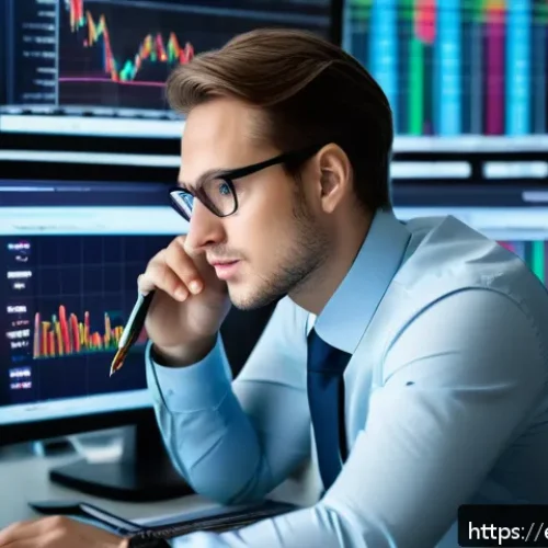 금융투자분석사와 시장 변동성 관리 - A professional financial analyst in a modern office setting, surrounded by multiple large computer s...