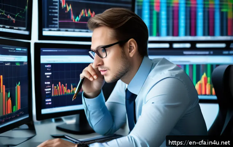금융투자분석사와 시장 변동성 관리 - A professional financial analyst in a modern office setting, surrounded by multiple large computer s...