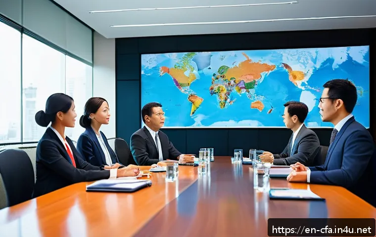CFA와 글로벌 금융 네트워크 - A professional international finance meeting scene set in a sleek modern conference room with divers...