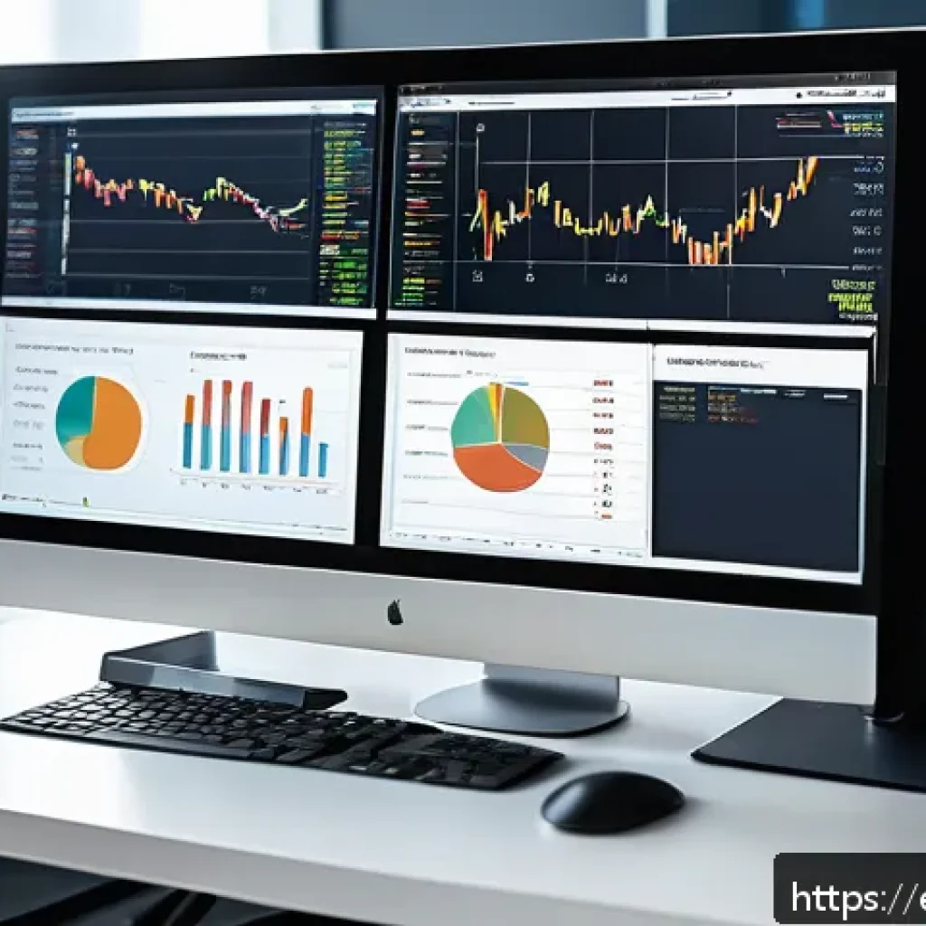 금융투자분석사와 사모펀드 이해 - A modern financial analyst's workspace with multiple high-resolution screens displaying detailed fin...