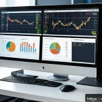 금융투자분석사와 사모펀드 이해 - A modern financial analyst's workspace with multiple high-resolution screens displaying detailed fin...