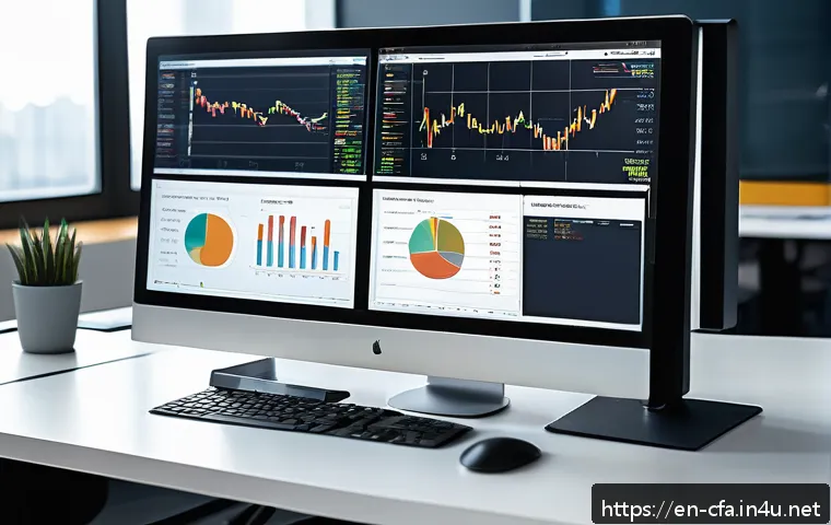 금융투자분석사와 사모펀드 이해 - A modern financial analyst's workspace with multiple high-resolution screens displaying detailed fin...