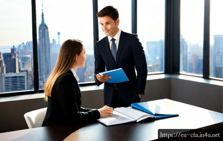 CFA 자격증의 취업 가치 - Photorealistic corporate finance job interview in a modern New York office, confident young professi...