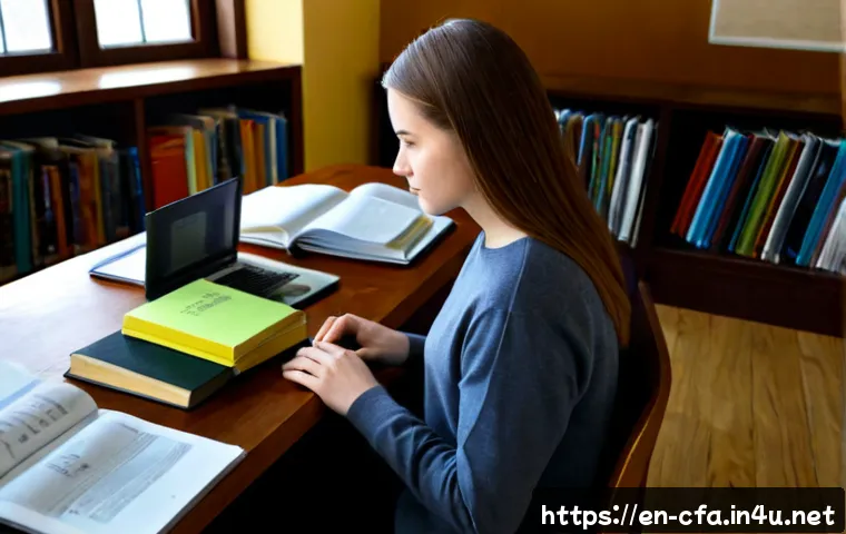 CFA Level 2 학습 노하우 - Photorealistic focused finance student in a quiet American library, seated at a clean wooden desk wi...